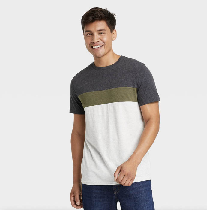 man wearing a color block short sleeve crewneck shirt