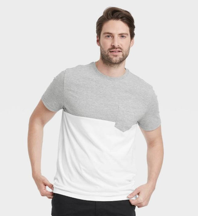 man wearing a grey and white short sleeve crewneck shirt