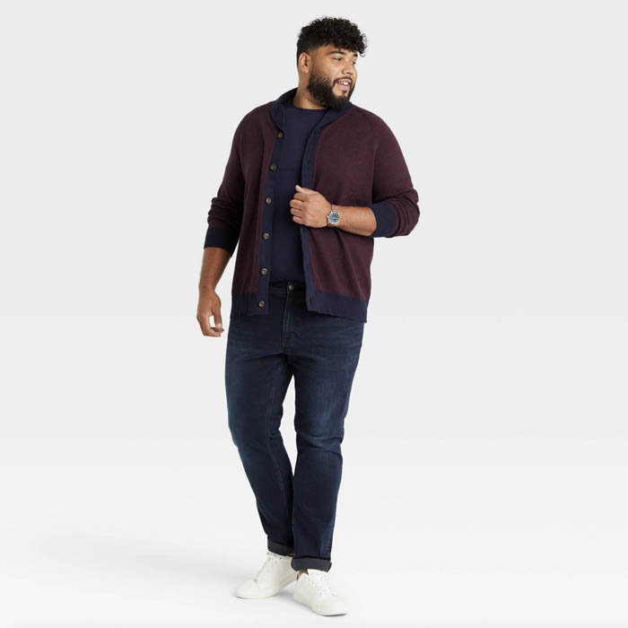 man wearing a dark red shawl collar cardigan sweater