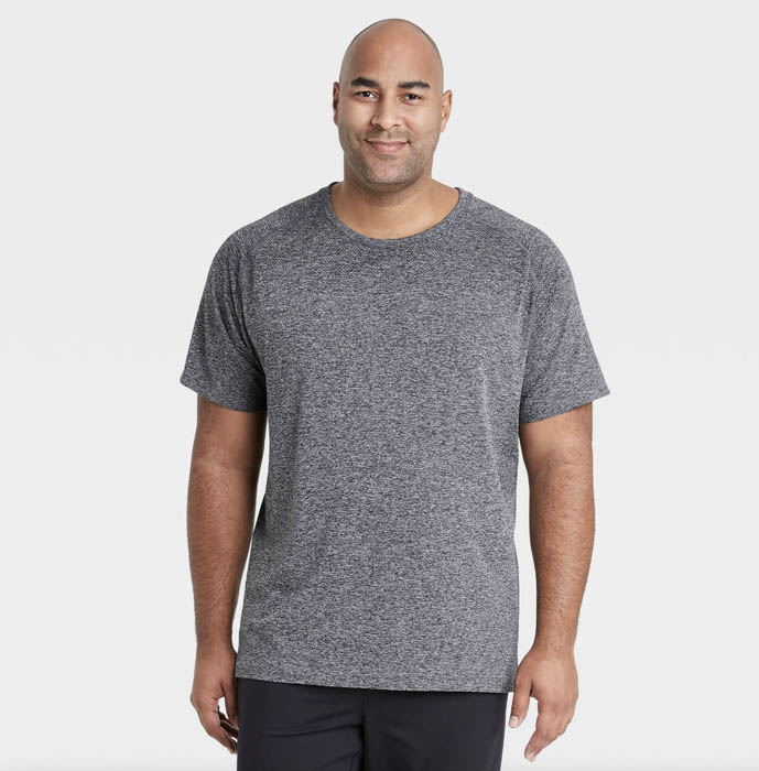 man wearing a grey short sleeve crewneck shirt
