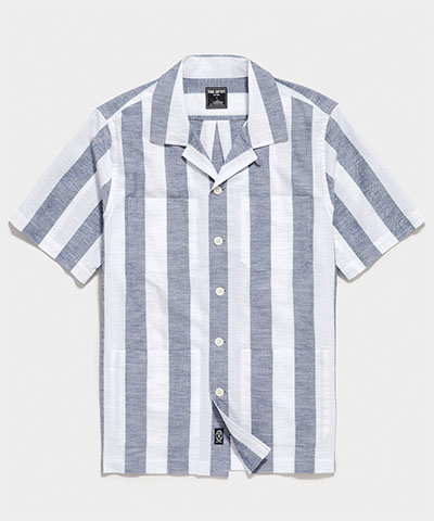wide stripe button up short sleeve shirt