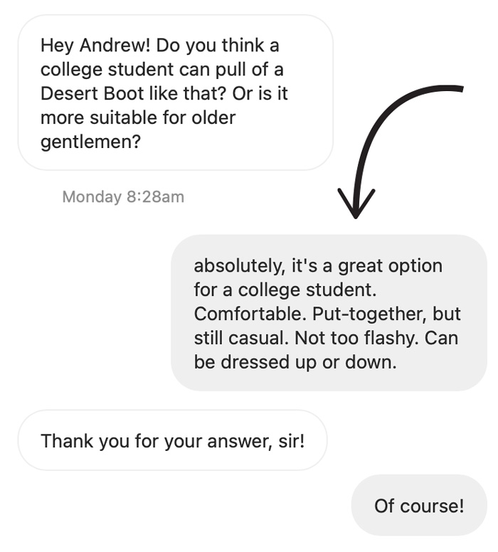 Instagram message about desert boots
