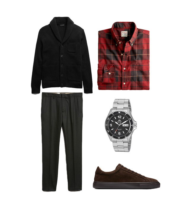 business casual outfit with shawl collar sweater and plaid shirt