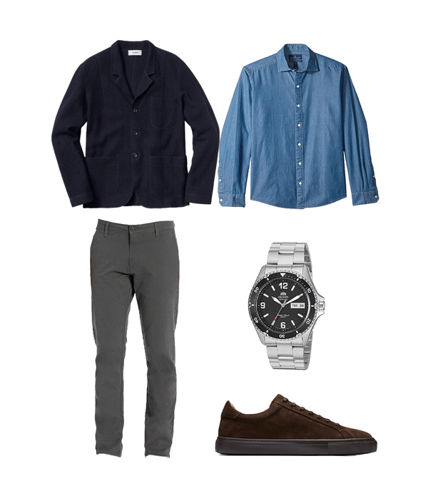 business casual outfit with blue denim shirt and stretch chinos