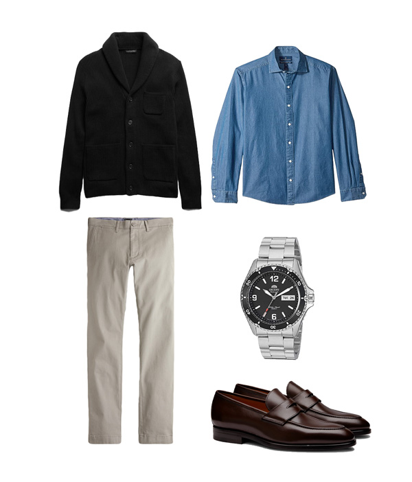 men's business casual outfit ideas for going to work: shawl collar sweater, denim dress shirt, khaki pants, loafers