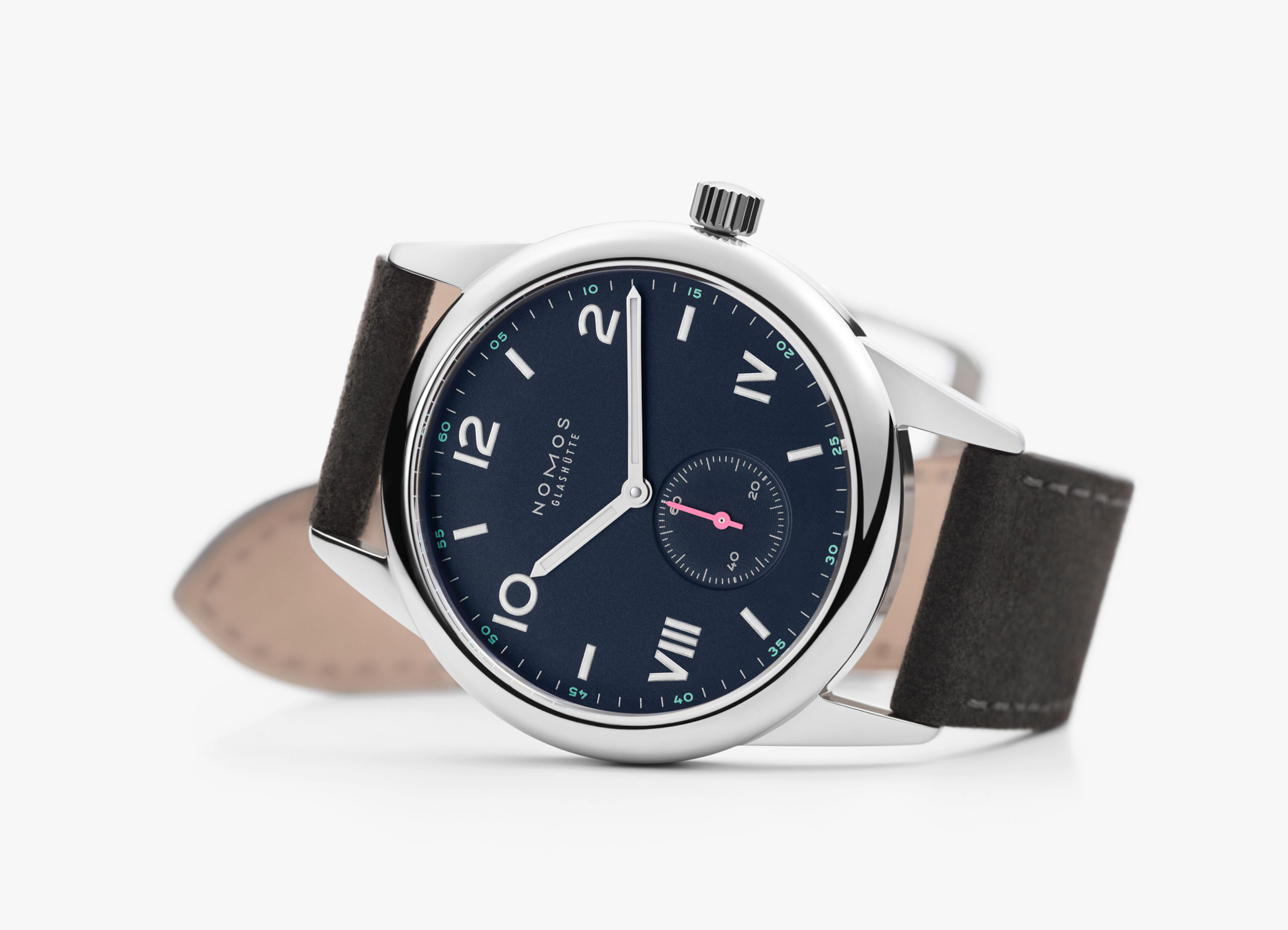 Image of watch with brown leather strap and silver and blue face