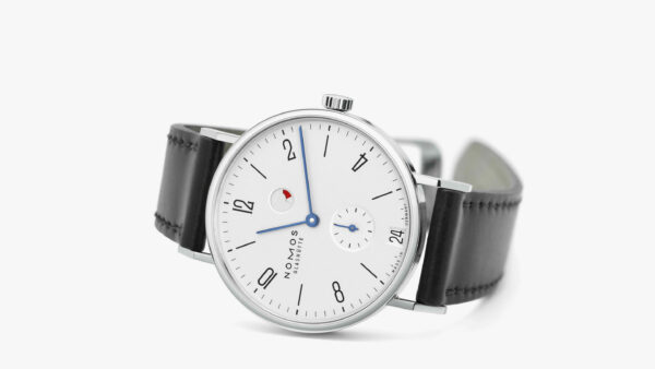 image of watch with black leather strap and white face