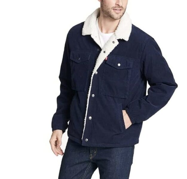 image of man wearing a sherpa lined dark blue jacket
