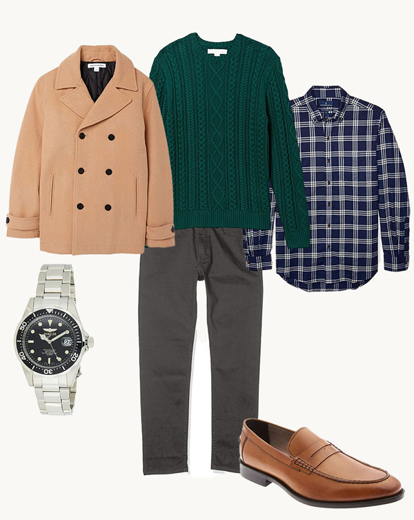 a selection of menswear items inlcuding a coat, sweater, long sleeve flannel shirt, loafer shoe, and a wrist watch