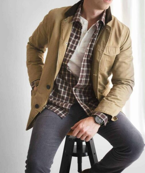 image of corduroy jacket and plaid shirt layers