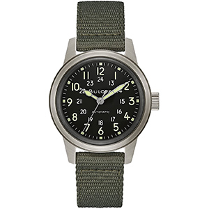 image of a watch with black face and canvas strap