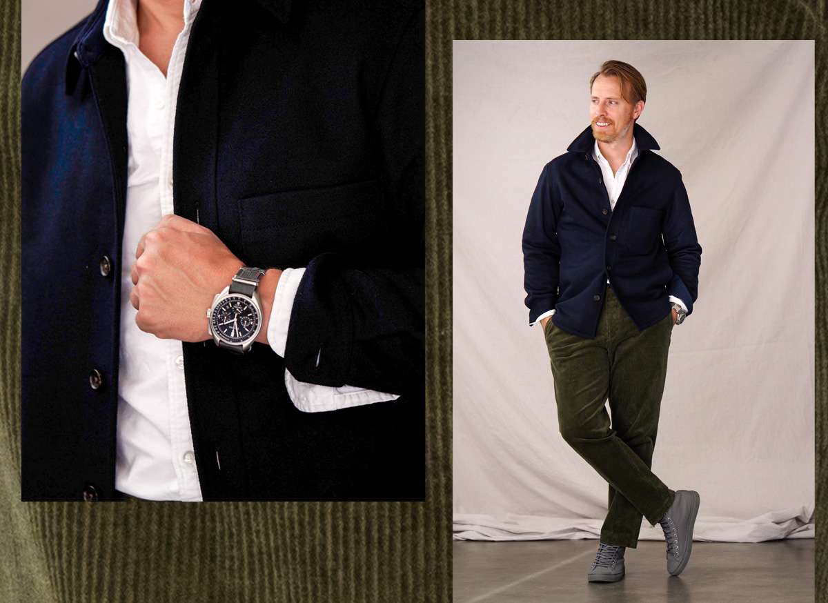 men's winter outfit with corduroy pants and sneakers