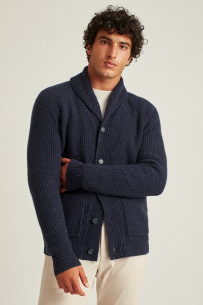 image of a man wearing a dark blue shawl collar cardigan