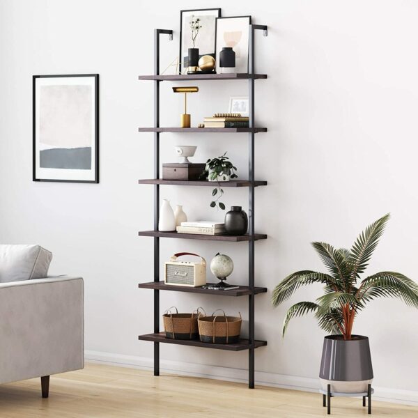 image of a wood and metal six shelf