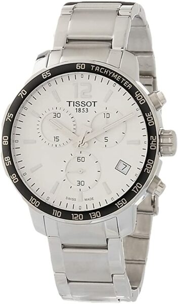 image of a silver watch with a white face