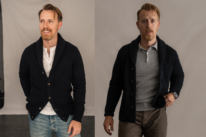 shawl collar cardigans from Amazon essentials and Banana Republic