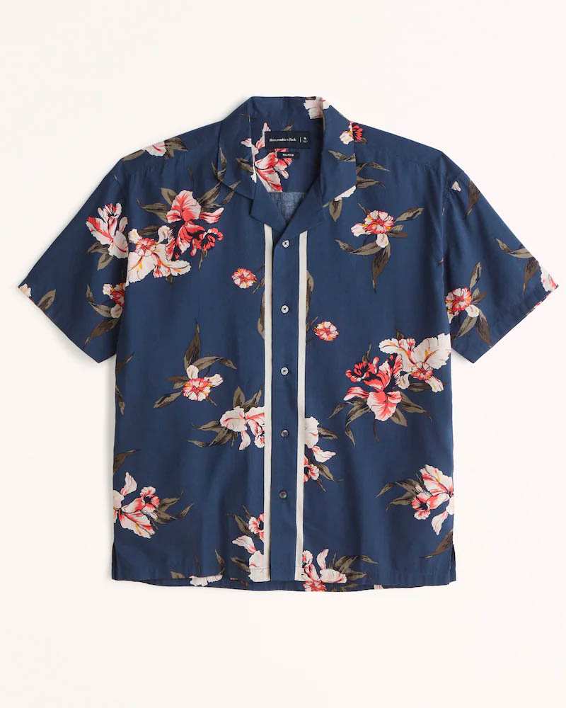 image of a blue floral printed short sleeve shirt