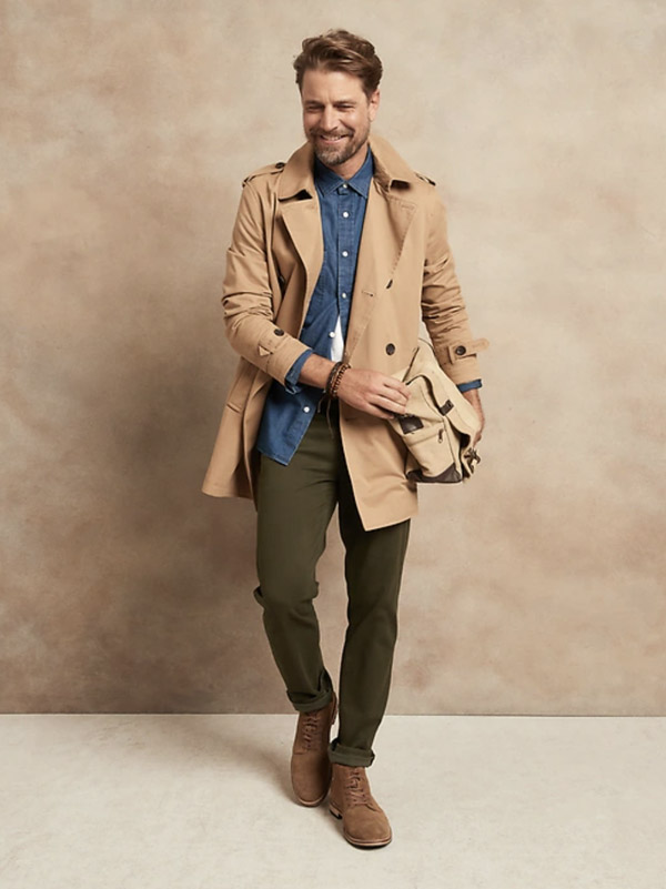 image of a man wearing slim pants and a tan overcoat