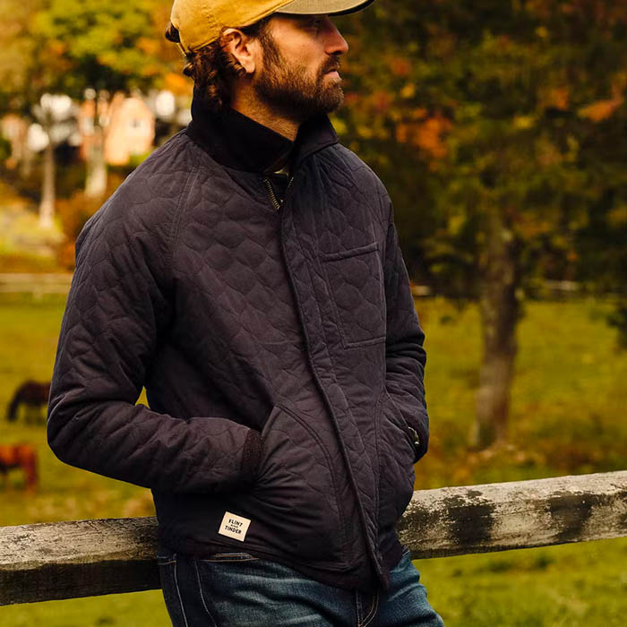 image of a man wearing a navy quilted camp coat