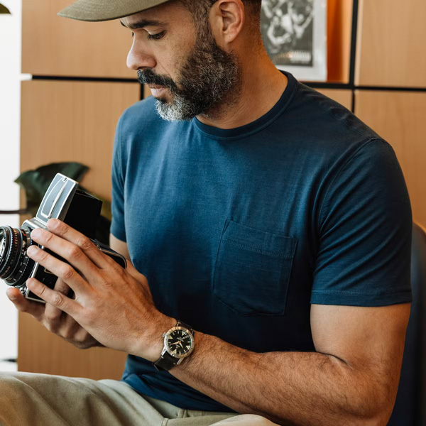 man wearing huckberry merino wool tshirt