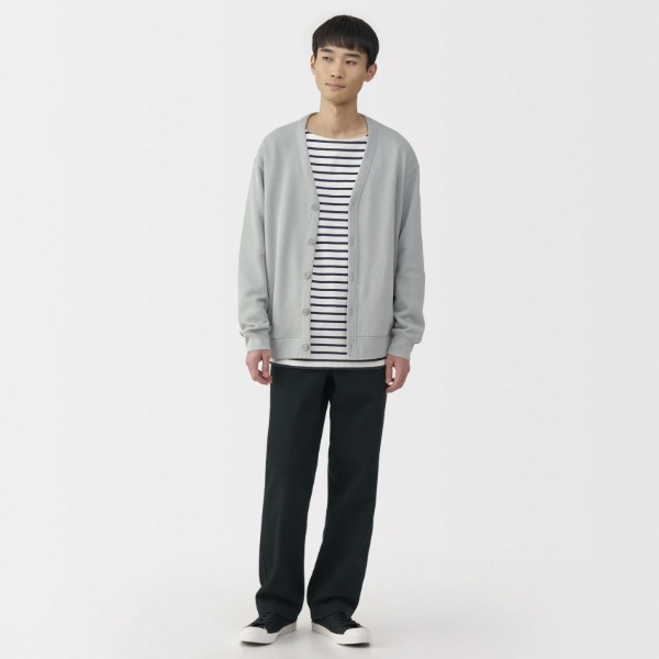 man wearing wide fit chino pants with a sweater and shirt