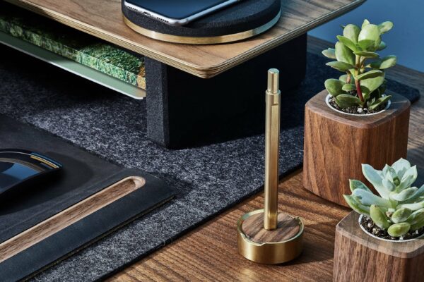 image of a brass and wood pen and stand