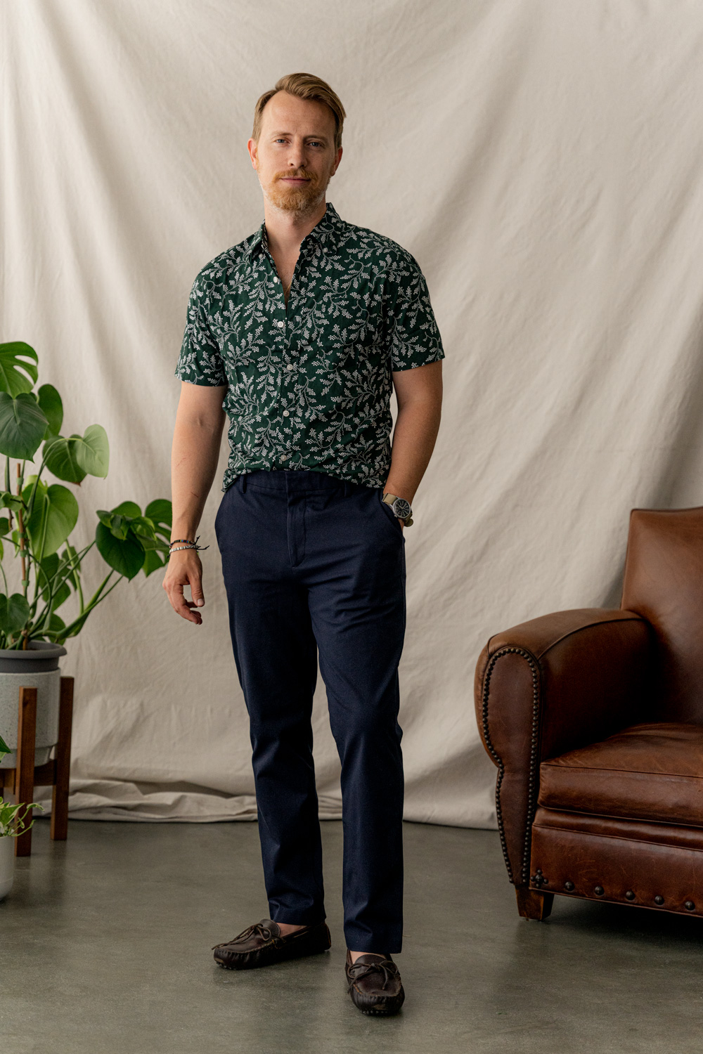 man wearing good threads poplin shirt with navy Dockers pants with loafers.