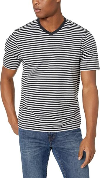 image of a man wearing a black and white striped short sleeve shirt