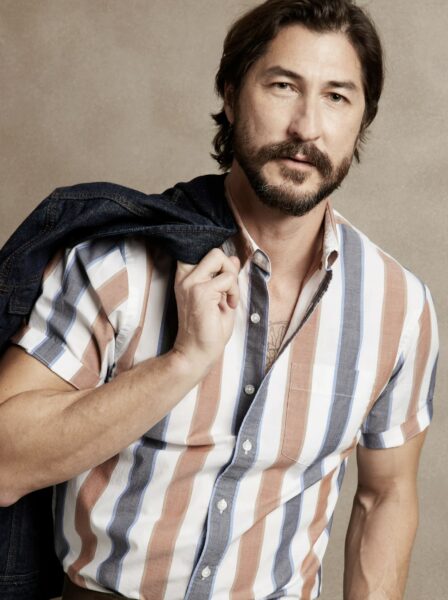 image of a man wearing a multi color stripe shirt