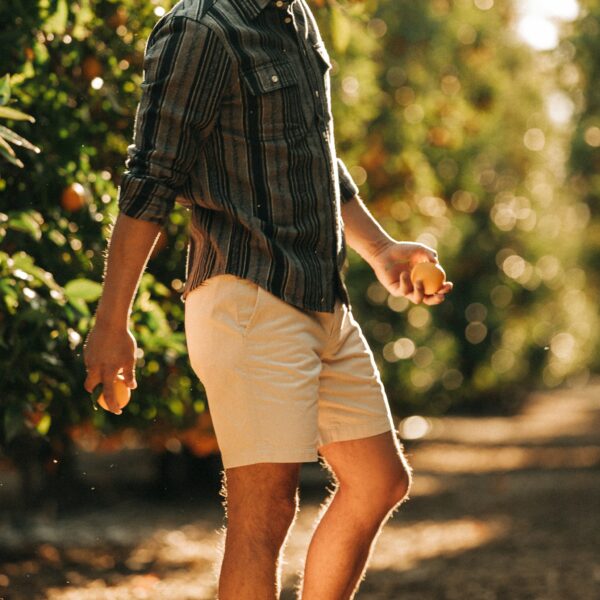 image of a person wearing khaki shorts and a blue striped shirt