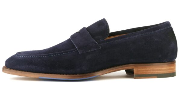 image of blue suede penny loafer shoe
