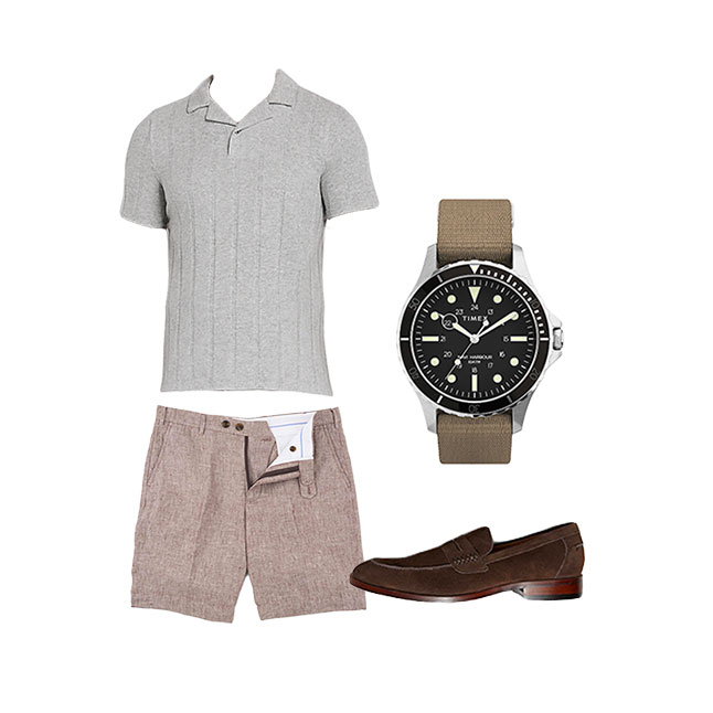 gray knit polo with brown textured shorts and suede loafers
