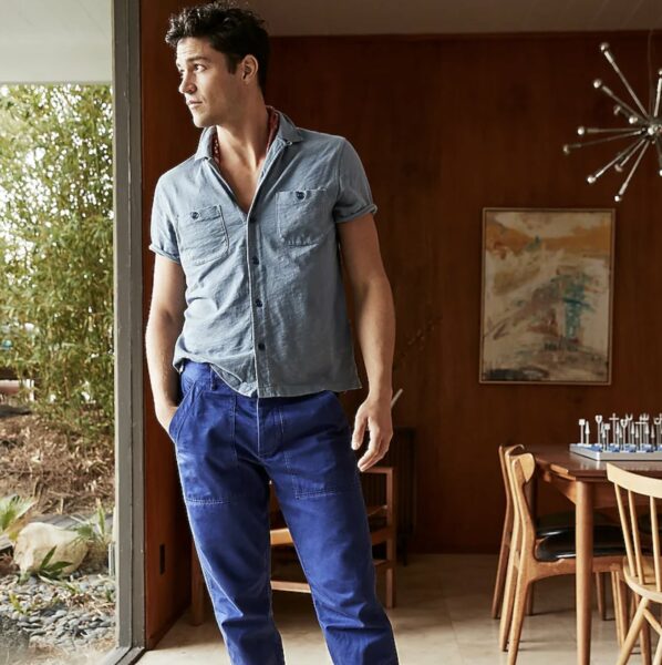 image of a man wearing a blue short sleeve shirt and blue pants