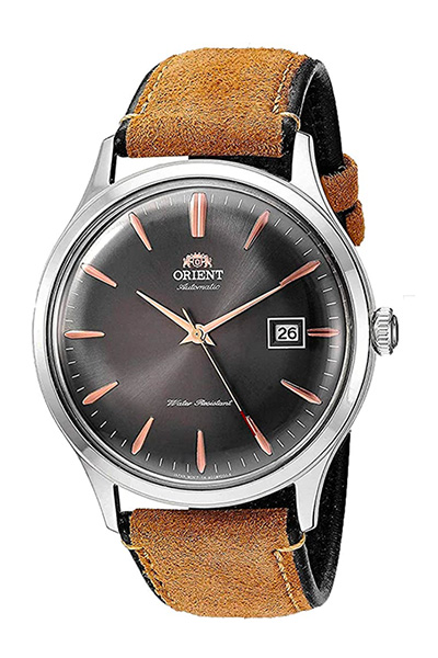 image of a stainless steel and leather dress watch