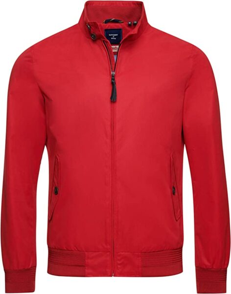 image of a red zip front harrington style jacket