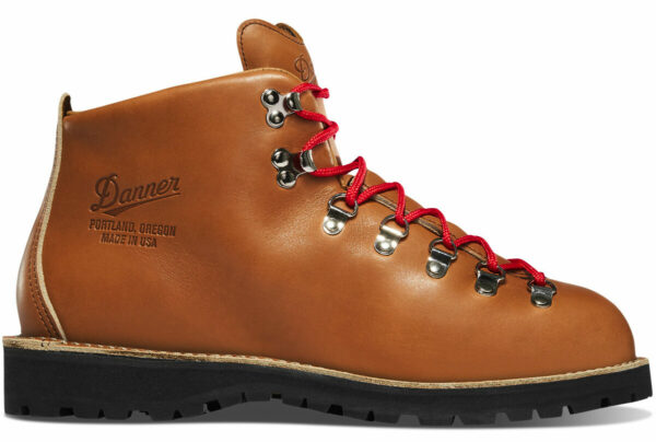 image of a brown boot with red shoe laces