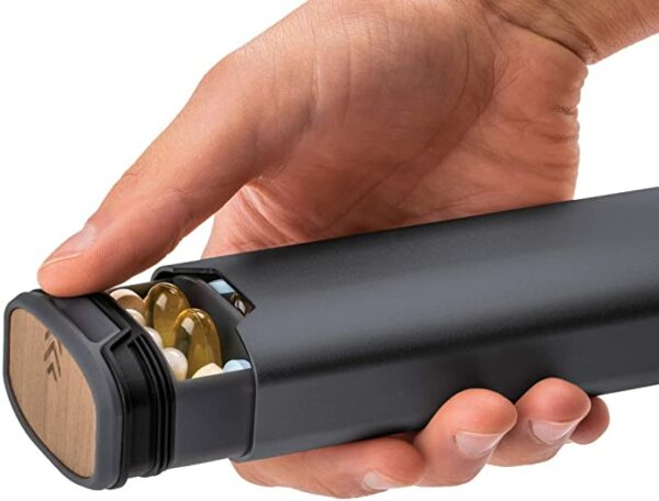 image of a wood and aluminum pill vitamin organizer