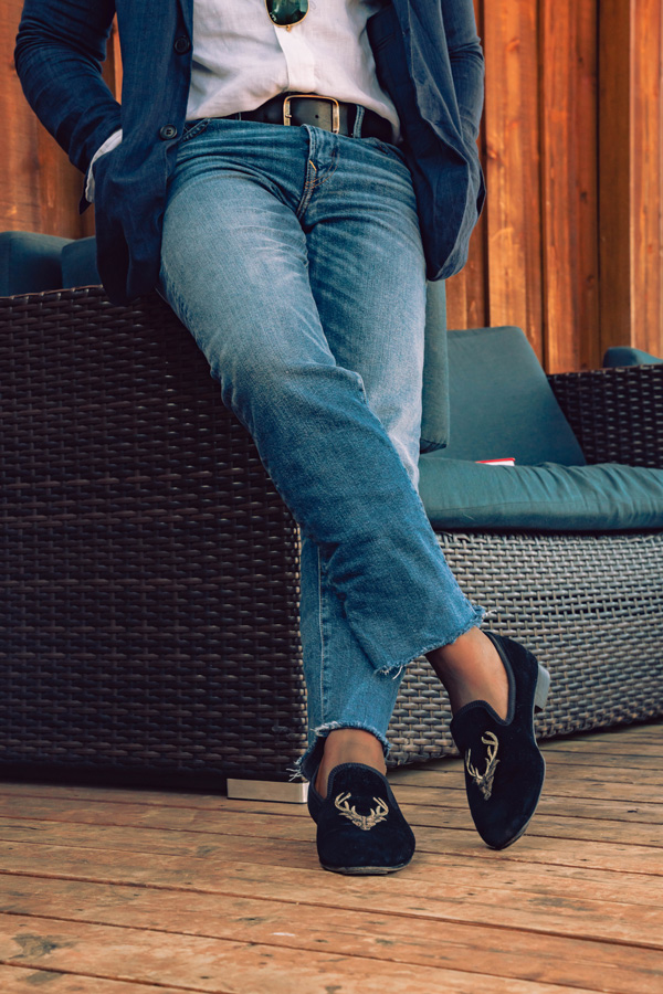 man wearing velvet slippers in summer