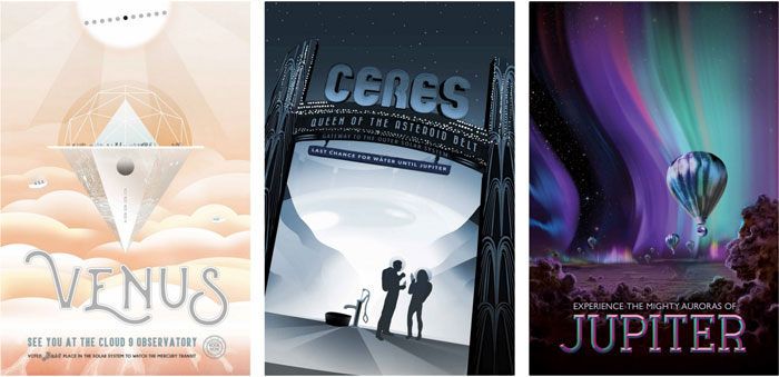 NASA posters for Venus, Ceres, and Jupiter