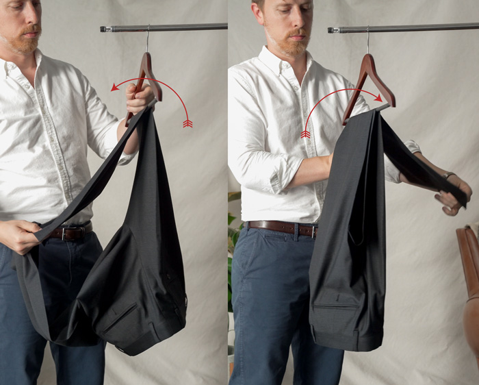 how to hang dress pants with the savile row fold – fold one leg over the hanger from the outside in, then fold the opposite leg over the hanger