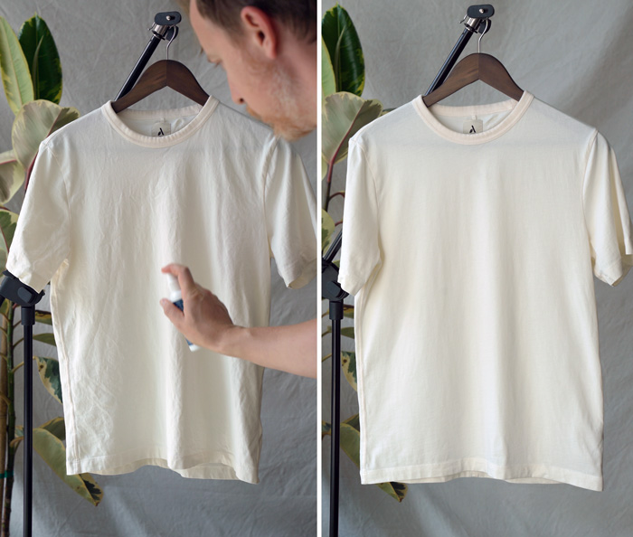 before and after using wrinkle releaser on a wrinkled t-shirt