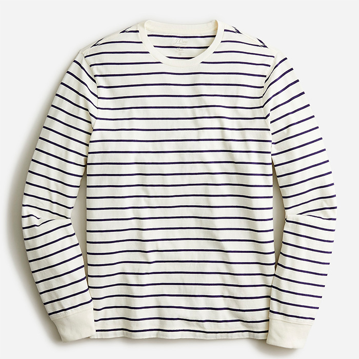 white and navy long sleeve striped shirt