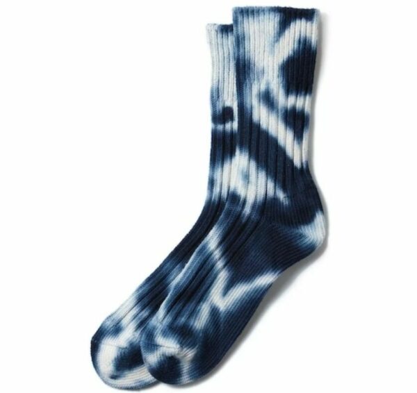 a pair of blue and white tie dye pattern crew socks