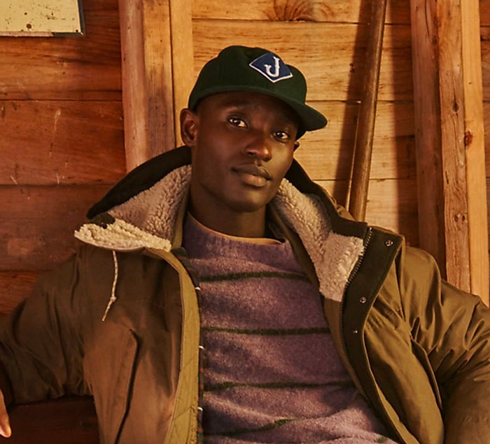 man wearing J.Crew letterman hat