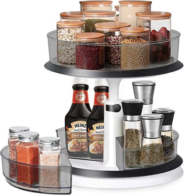 a two tiered lazy susan storage organization rack
