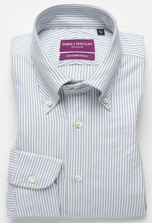 a blue and white striped oxford long sleeve button front shirt