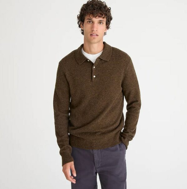 a man wearing a brown long sleeve rugby polo sweater