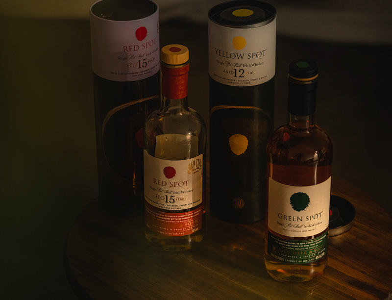 red spot, yellow spot, and green spot irish whiskey bottles