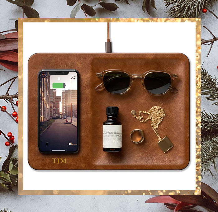 a leather accessory tray with device charging feature