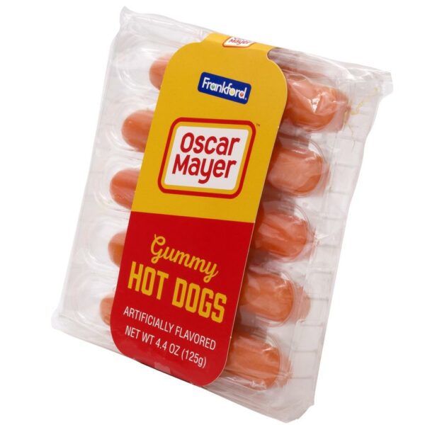 a pack of gummy hot dog candy